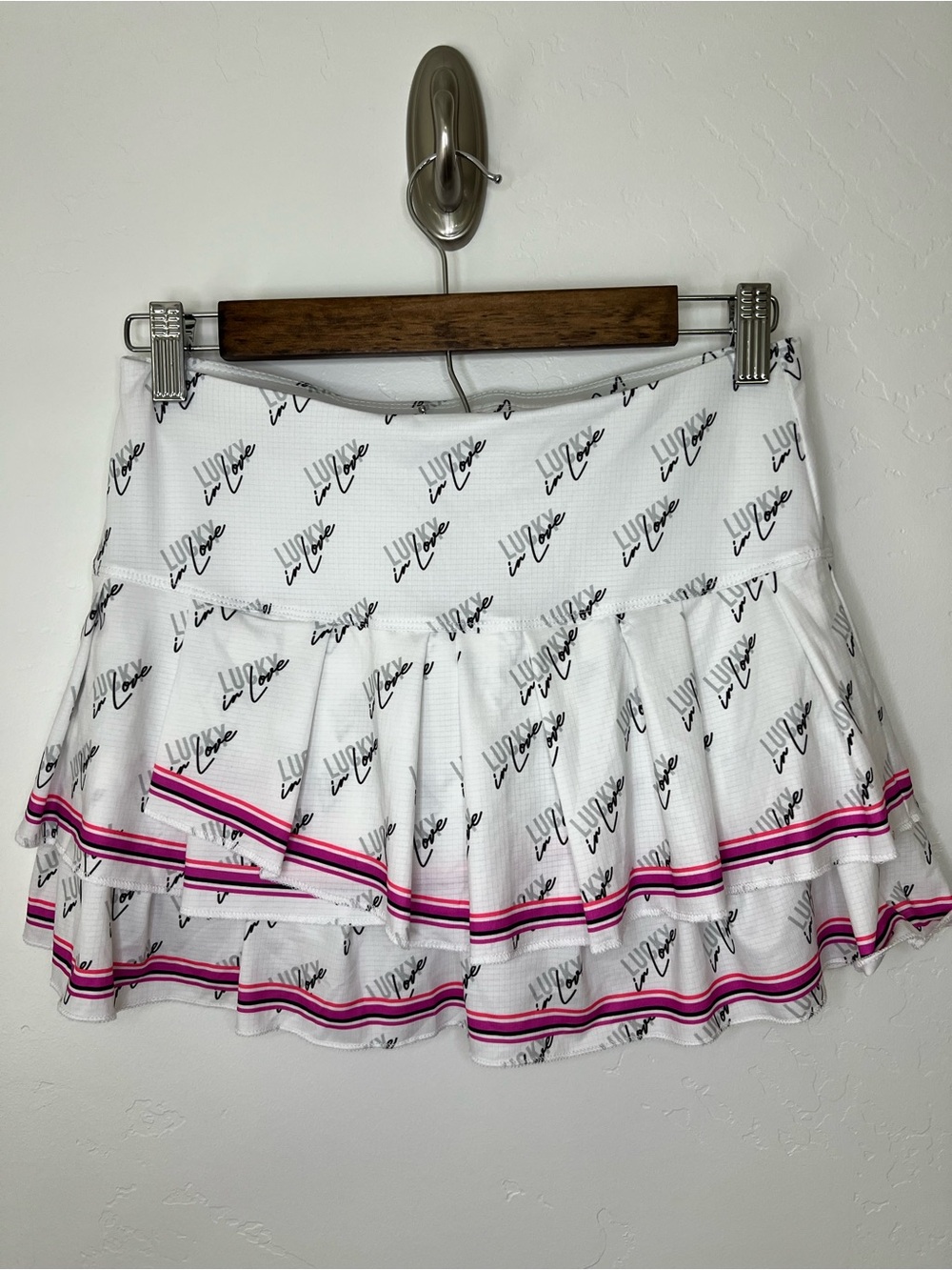 Lucky in Love White Logo Ruffle Skirt with Pink Stripe Trim